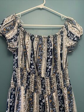 Justify Navy and White Boho Stripe Floral Midi Dress